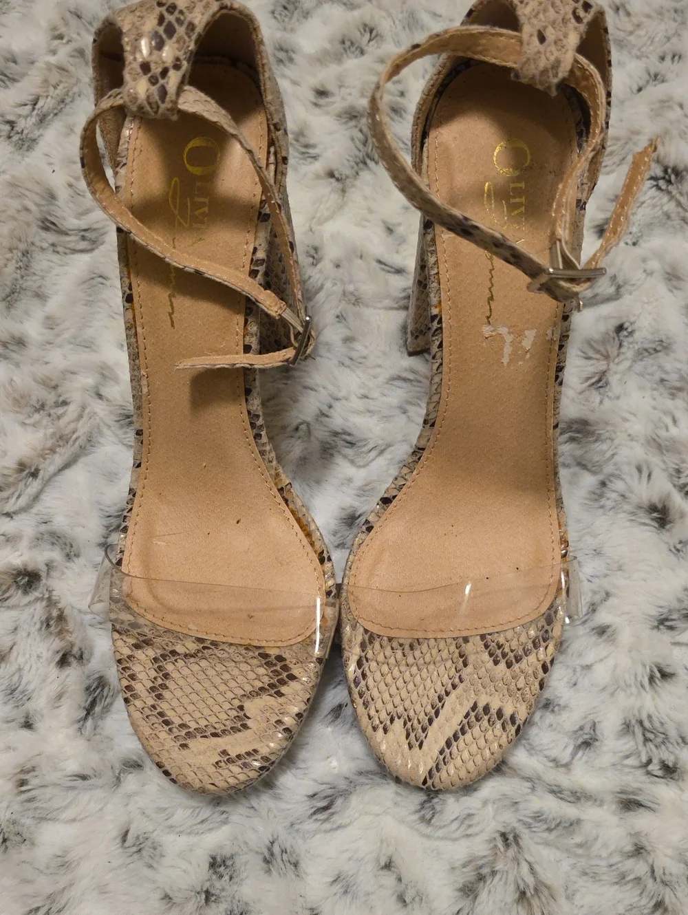 Womens 9 Snake-Print Block Heel Sandals with Clear Strap - Beige